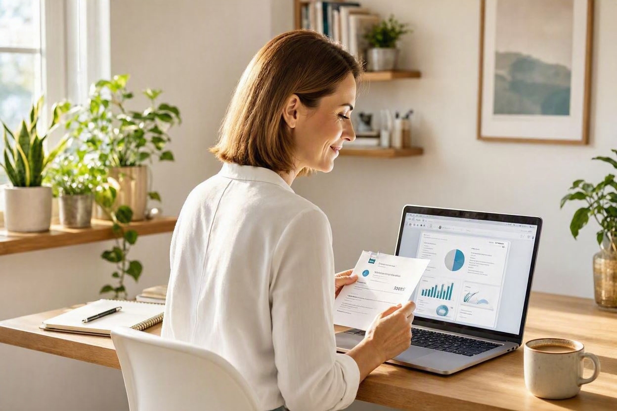 Femme freelance satisfaite examinant sa facture avec dashboard de revenus sur son laptop