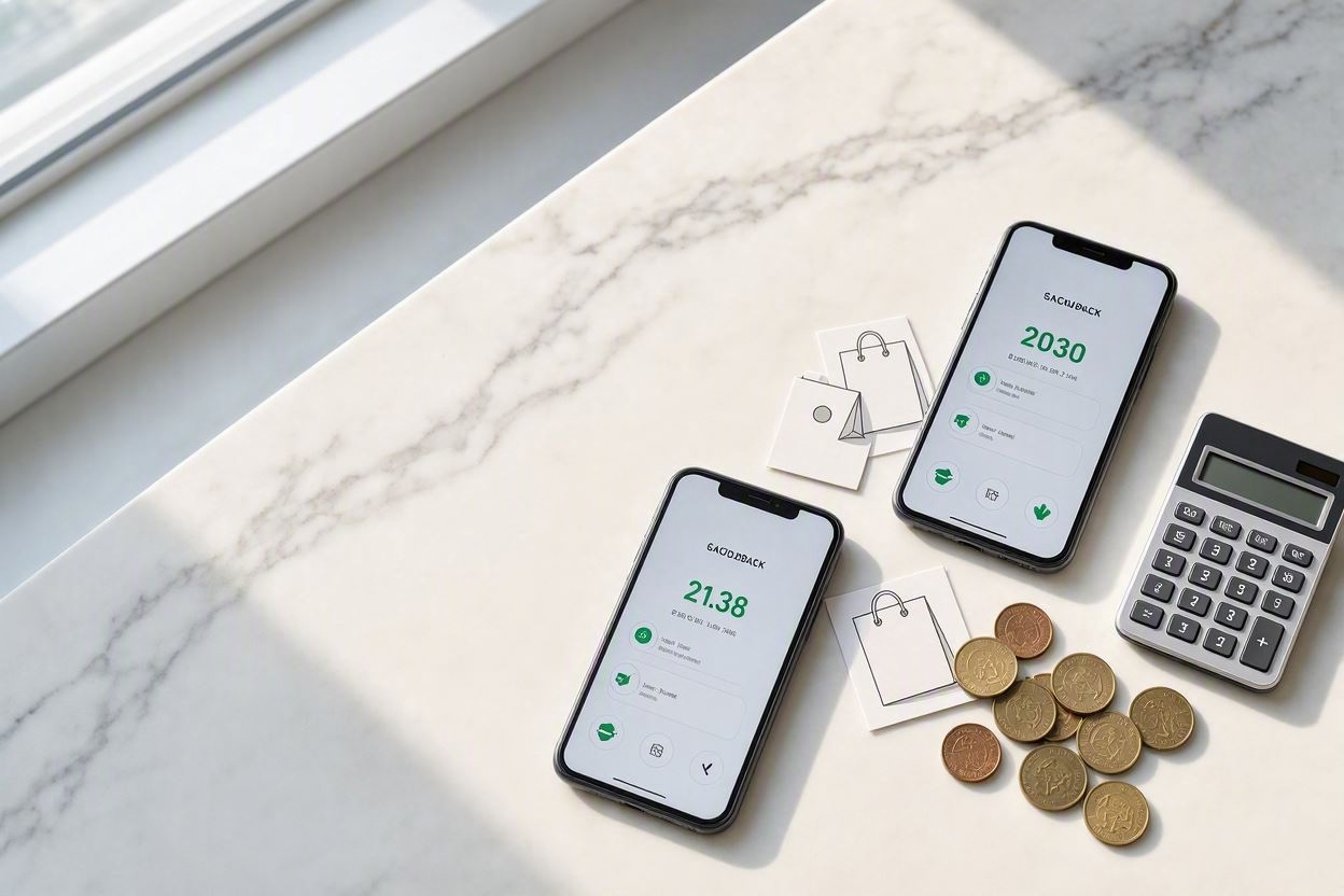 Flat lay deux smartphones apps cashback avec calculatrice et pièces sur marbre blanc
