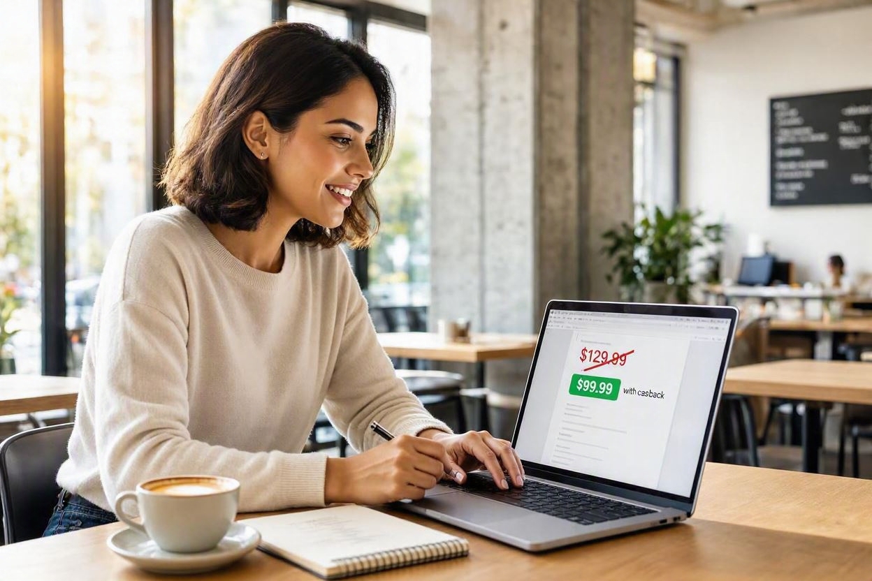 Jeune femme comparant prix barré et prix avec cashback sur son laptop dans un café moderne