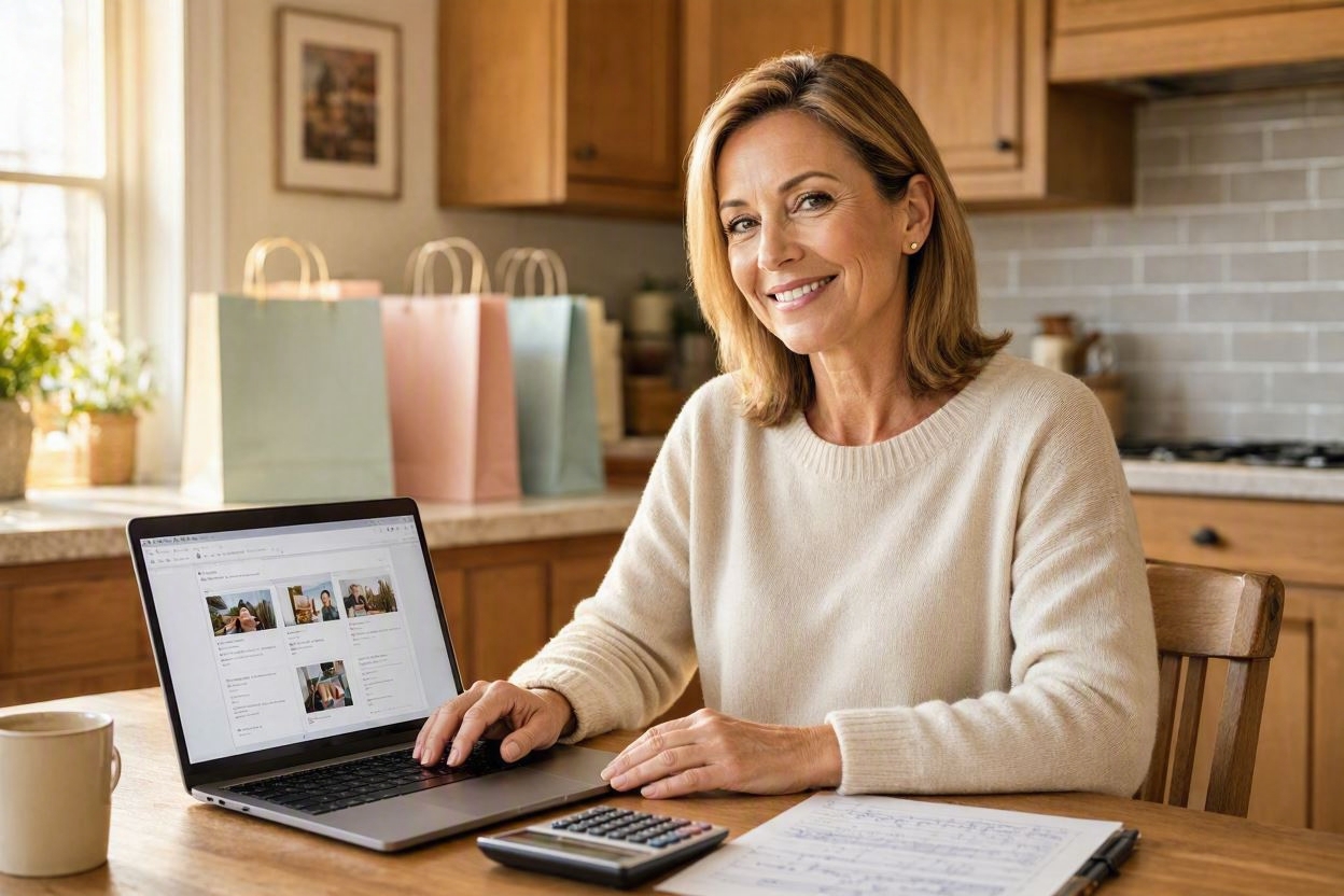 Mère de famille optimisant ses achats en ligne avec calculatrice et laptop